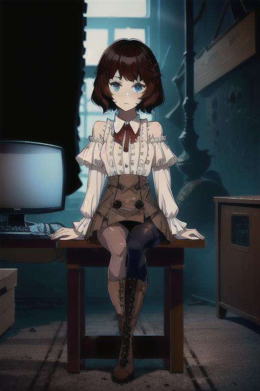 masterpiece, best quality, 1girl, solo, female, small breasts, full body, <lora:Jovilly-08:0.9>, jovilly,frilled shirt, blue eyes, brown short hair, hair ornament, frilled sleeves, brown skirt, brown pantyhose, boots, cross-laced footwear, using a computer:1.2, sitting, dark room, dark, dark theme