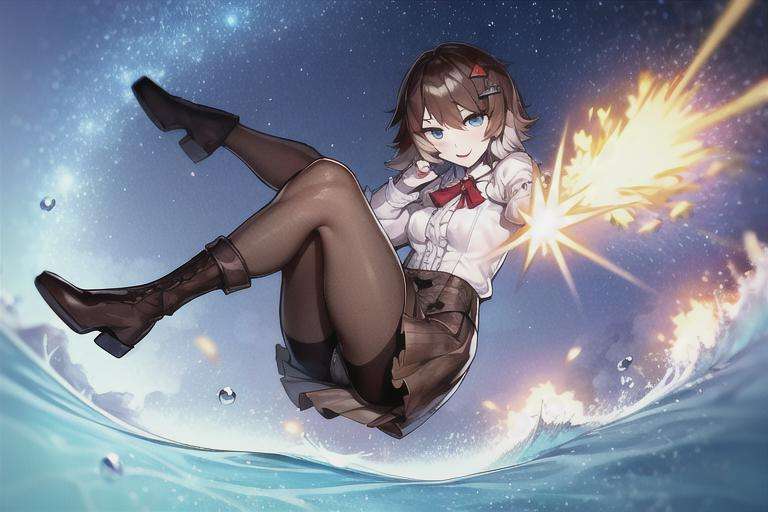 masterpiece, best quality, 1girl, solo, <lora:HSRSplashArt:0.6>, smile, <lora:Jovilly-08:0.9>, jovilly,frilled shirt, brown skirt, blue eyes, brown short hair, hair ornament, frilled sleeves, brown pantyhose, boots, cross-laced footwear, full body, ocean, sea waves, water splashes, sky, light particles, bomb, landmines, dynamites, explosion, night, starry sky