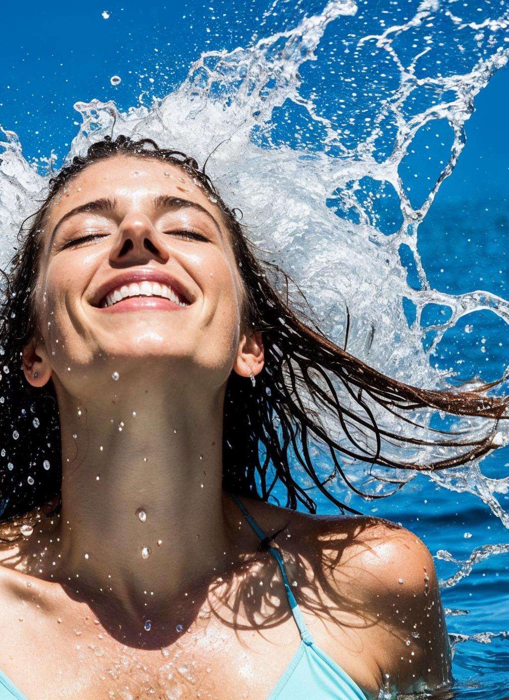 photo of a woman made of water, dancing in the water, covered with water particles, water splashing face, flowing water, covered with water,   <lora:locon_conceptwater_v1_from_v1_64_32:0.6>, hair ends with water stream, water explosion, water splashes