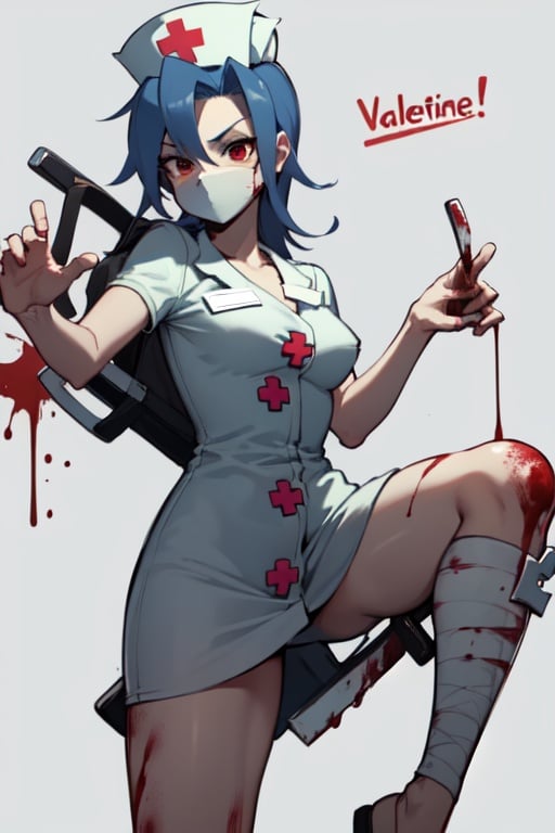 valentineSG, best_quality, nurse_outfit, nurse_hat, nurse_mask, standing, blood_on_face, blood_on_background, action_pose, knives