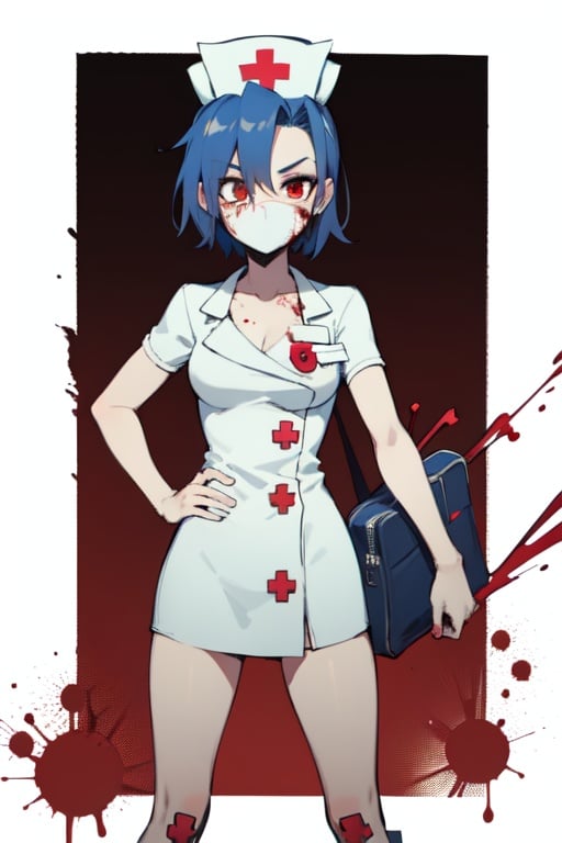 valentineSG, best_quality, nurse_outfit, nurse_hat, nurse_mask, standing, blood_on_face, blood_on_background