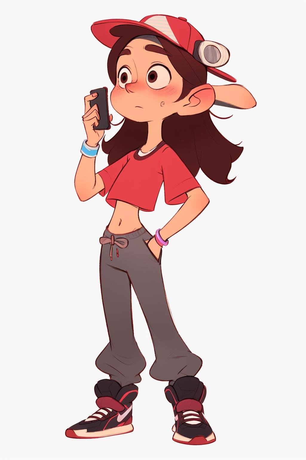 European and American cartoons, original character design, hand-drawn drafts, 1girl, solo, hat, long_hair, backwards_hat, pants, brown_hair, phone, navel, baseball_cap, shoes, midriff, shirt, hand_in_pocket, grey_pants, cellphone, white_background, holding_phone, full_body, black_footwear, off_shoulder, sweatpants, simple_background, crop_top, blush, red_shirt, jewelry, holding, bracelet, smartphone, sneakers, standing<lora:Animated characters:1>