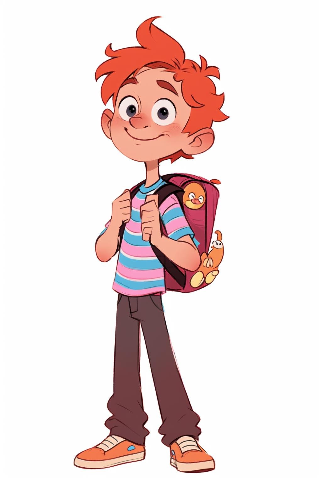 European and American cartoons, original character design, hand-drawn drafts, backpack, 1boy, solo, male_focus, bag, striped_shirt, white_background, simple_background, striped, shirt, blush, holding_strap, looking_at_viewer, orange_hair, smile, full_body, blue_shirt, black_eyes, shoes, pants, messy_hair, standing<lora:Animated characters:1>