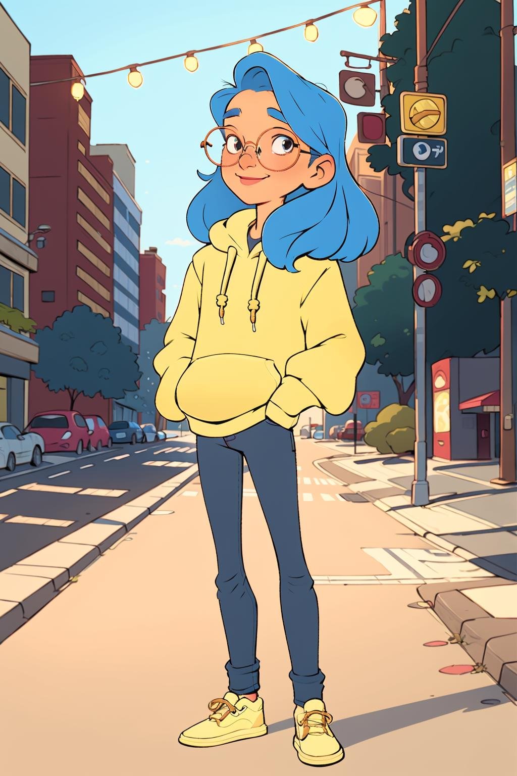 European and American cartoon, original character design, hand drawing, a girl, solo, hoodie hoodie, glasses, pants, long hair, shoes, smile, hands in pockets, full body, looking at the audience, round glasses, white shoes, standing, long sleeves, hood down, blue hair, jeans, yellow hoodie, drawstring, street view, street light <lora:Animated characters:1>