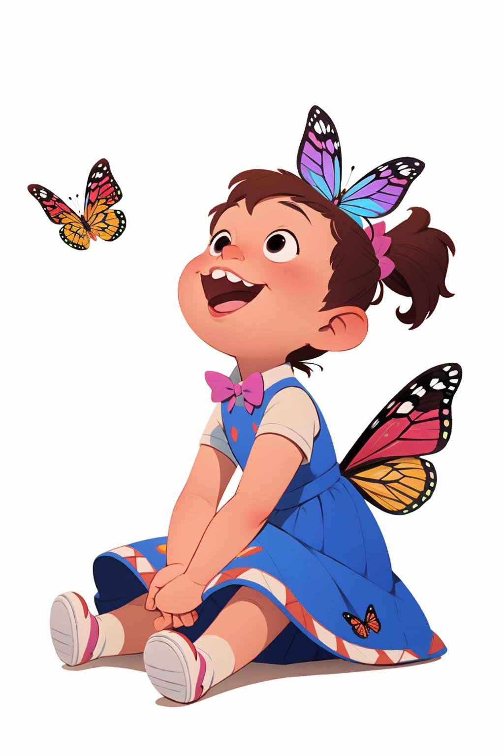 European and American cartoons, original character design, hand-drawn drafts, 1girl, bug, butterfly, solo, looking_up, ponytail, smile, brown_hair, open_mouth, white_background, sitting, dress, simple_background, child, ribbon, female_child, shoes, black_eyes, teeth, full_body, blue_dress, hair_ribbon<lora:Animated characters:1>