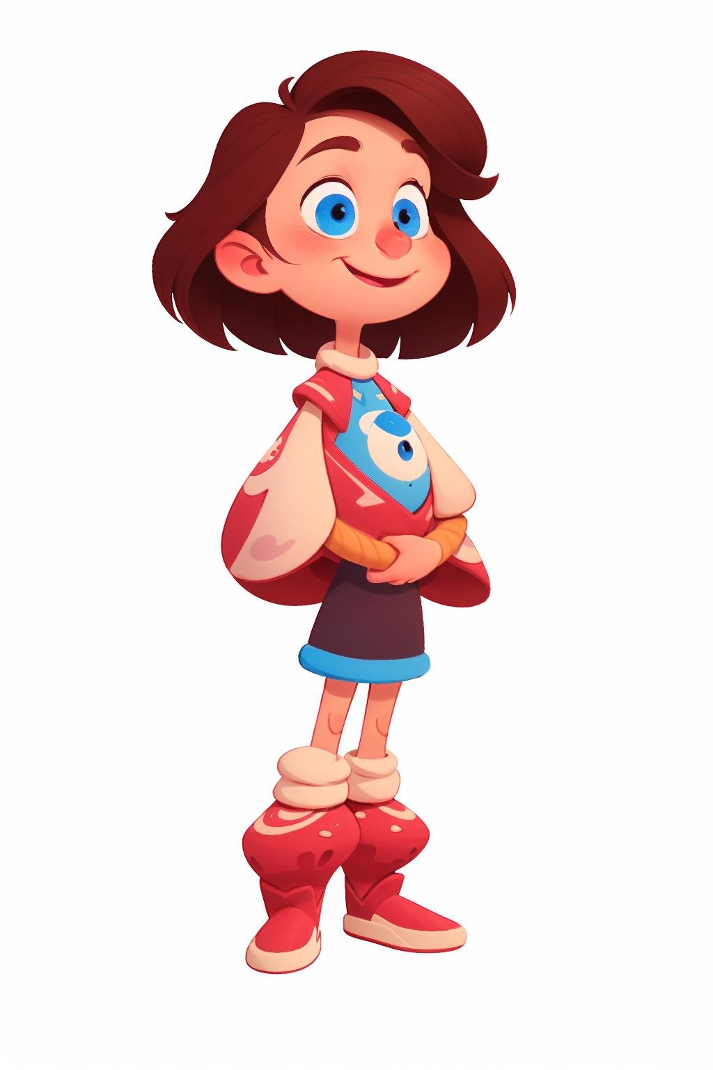 European and American cartoons, original character design, hand-drawn drafts, 1girl, brown_hair, blue_eyes, solo, boots, simple_background, red_footwear, looking_down, smile, white_background, full_body, standing<lora:Animated characters:1>