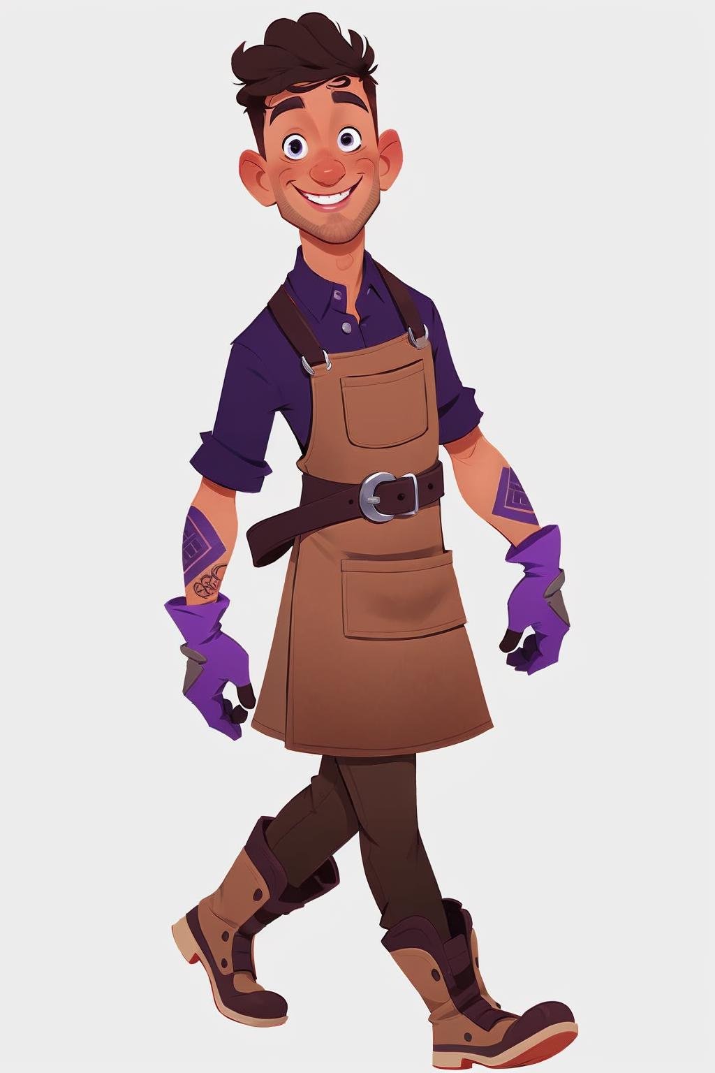 European and American cartoons, original character design, hand-drawn drafts, 1boy, solo, male_focus, smile, purple_shirt, gloves, shirt, boots, apron, dark_skin, dark-skinned_male, tattoo, white_background, pants, simple_background, brown_pants, black_hair, full_body, looking_at_viewer, black_gloves, facial_hair, grin, belt, black_eyes, standing, brown_footwear, arm_tattoo, collared_shirt, walking<lora:Animated characters:1>