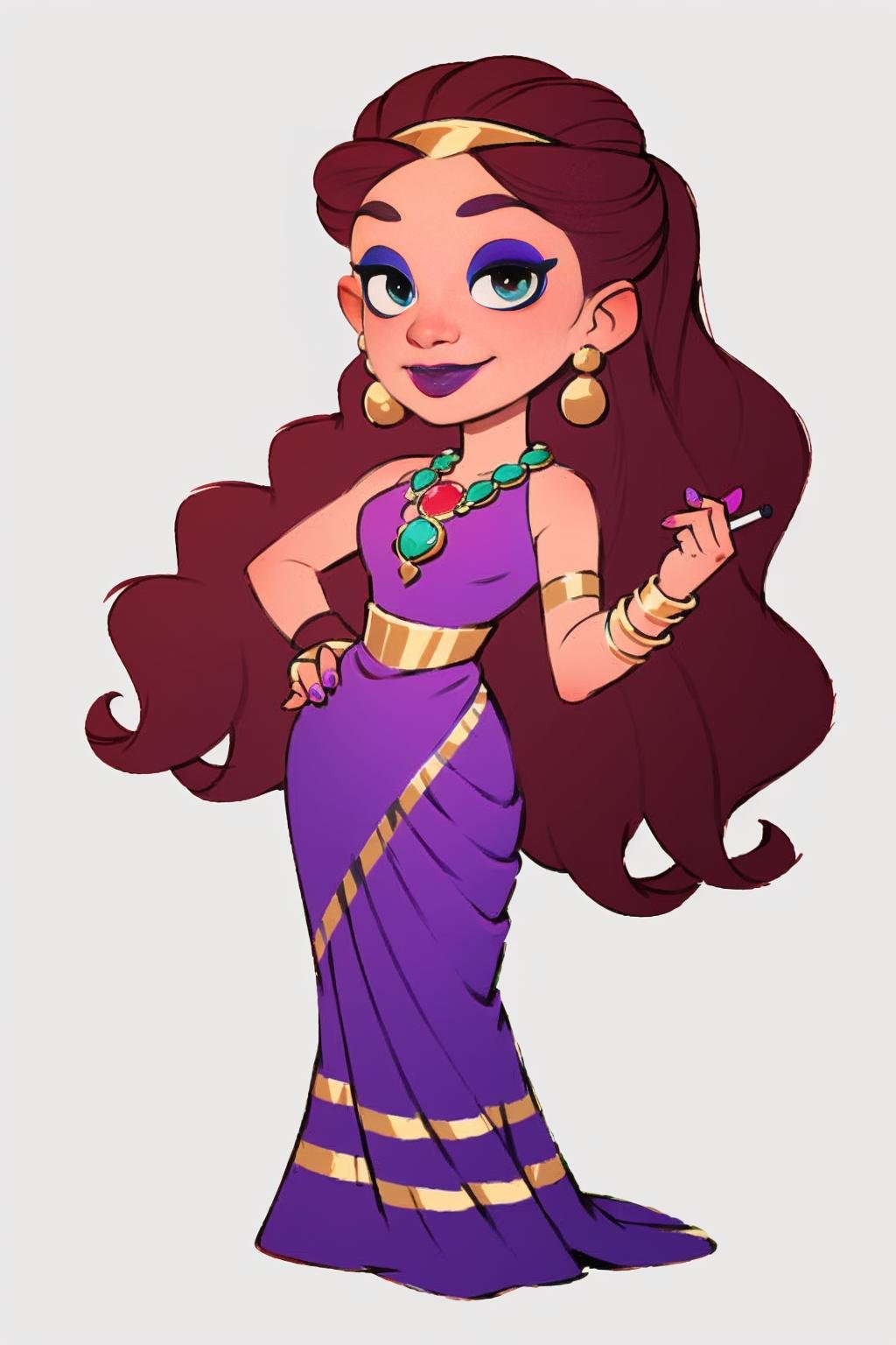 European and American cartoons, original character design, hand-drawn drafts, 1girl, solo, jewelry, makeup, brown_hair, dress, green_eyes, eyeshadow, earrings, bracelet, lipstick, necklace, long_hair, purple_dress, smile, long_dress, full_body<lora:Animated characters:1>