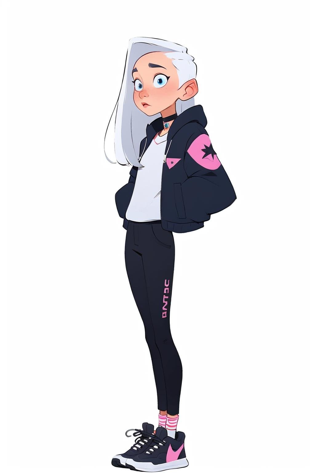 European and American cartoons, original character design, hand-drawn drafts, 1girl, solo, white_background, long_hair, full_body, pants, white_hair, black_pants, simple_background, shoes, choker, standing, jacket, looking_to_the_side, black_choker, sneakers, white_footwear, pointy_ears, long_sleeves, blue_eyes, jewelry<lora:Animated characters:1>