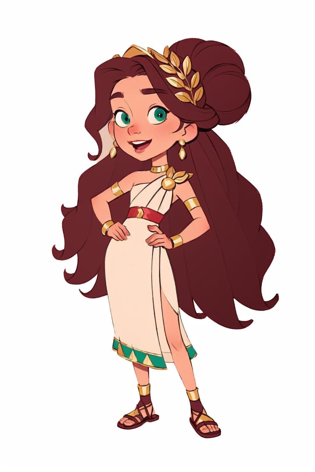 European and American cartoons, original character design, hand-drawn drafts, 1girl, solo, brown_hair, jewelry, sandals, dress, long_hair, hands_on_hips, smile, earrings, greek_clothes, bracelet, hair_bun, laurel_crown, armlet, white_background, green_eyes, full_body, open_mouth, looking_at_viewer, simple_background, makeup<lora:Animated characters:1>