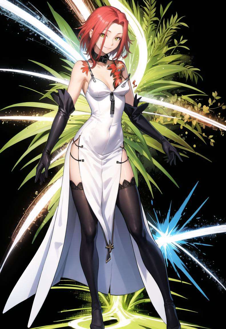 1girl, solo,  smile, <lora:Haru:1>, harudesu, tattoo, gloves, white dress, zipper, red hair, choker, black thighhighs, <lora:FEH_Concept_v2:1>, feh, black background, standing, full body,