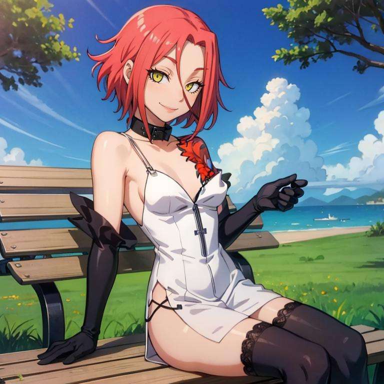 1girl, solo,  sitting, park, bench, looking at viewer, <lora:Haru:1>, harudesu, white dress, tattoo, choker, gloves, black thighhighs, zpper, smile, red hair