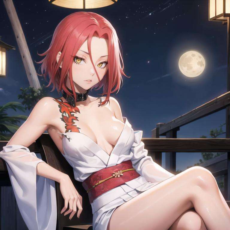 1girl, solo, looking at viewer,  <lora:Haru:1>, harudesu, red hair, (white kimono), shine, night, choker, tattoo, sitting, moon