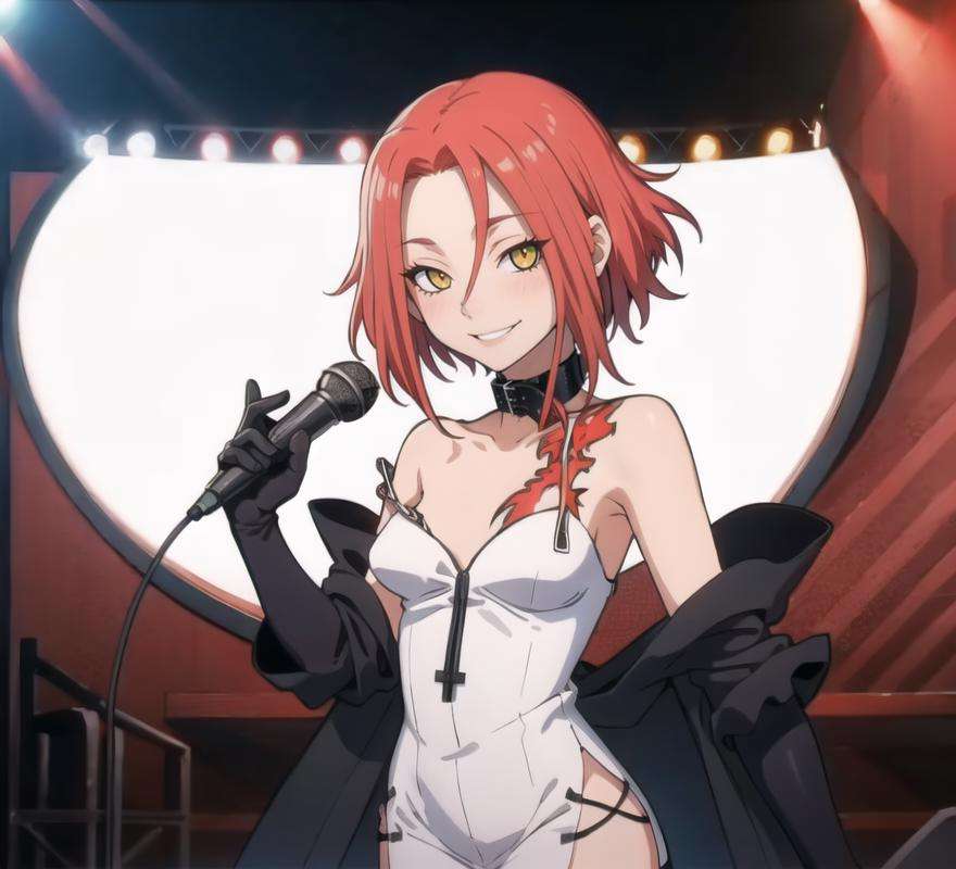 1girl, solo, looking at viewer,  <lora:Haru:1>, harudesu, red hair,  choker, white dress, tattoo, black thighhighs, gloves, holding microphone, smile, ((stage))