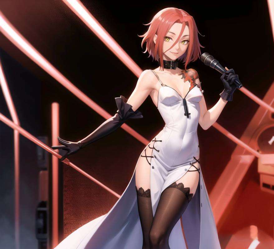 1girl, solo, looking at viewer,  <lora:Haru:1>, harudesu, red hair,  choker, white dress, tattoo, black thighhighs, gloves, holding microphone, smile, ((on stage))