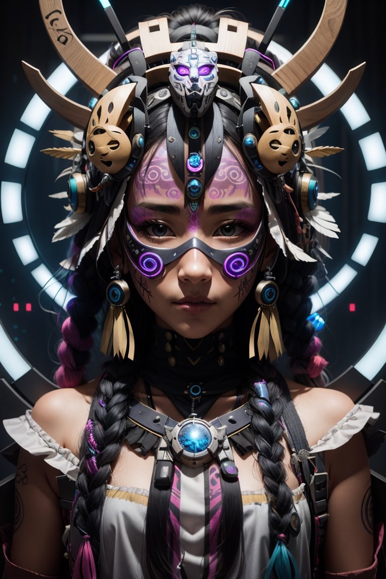 bioluminic [ JP ],  helix portal,  portrait,  girl shaman,  (fluorescent hair:0.7),  galactic cybernetic mask, cibertribal, <lora:EMS-37672-EMS:0.700000>