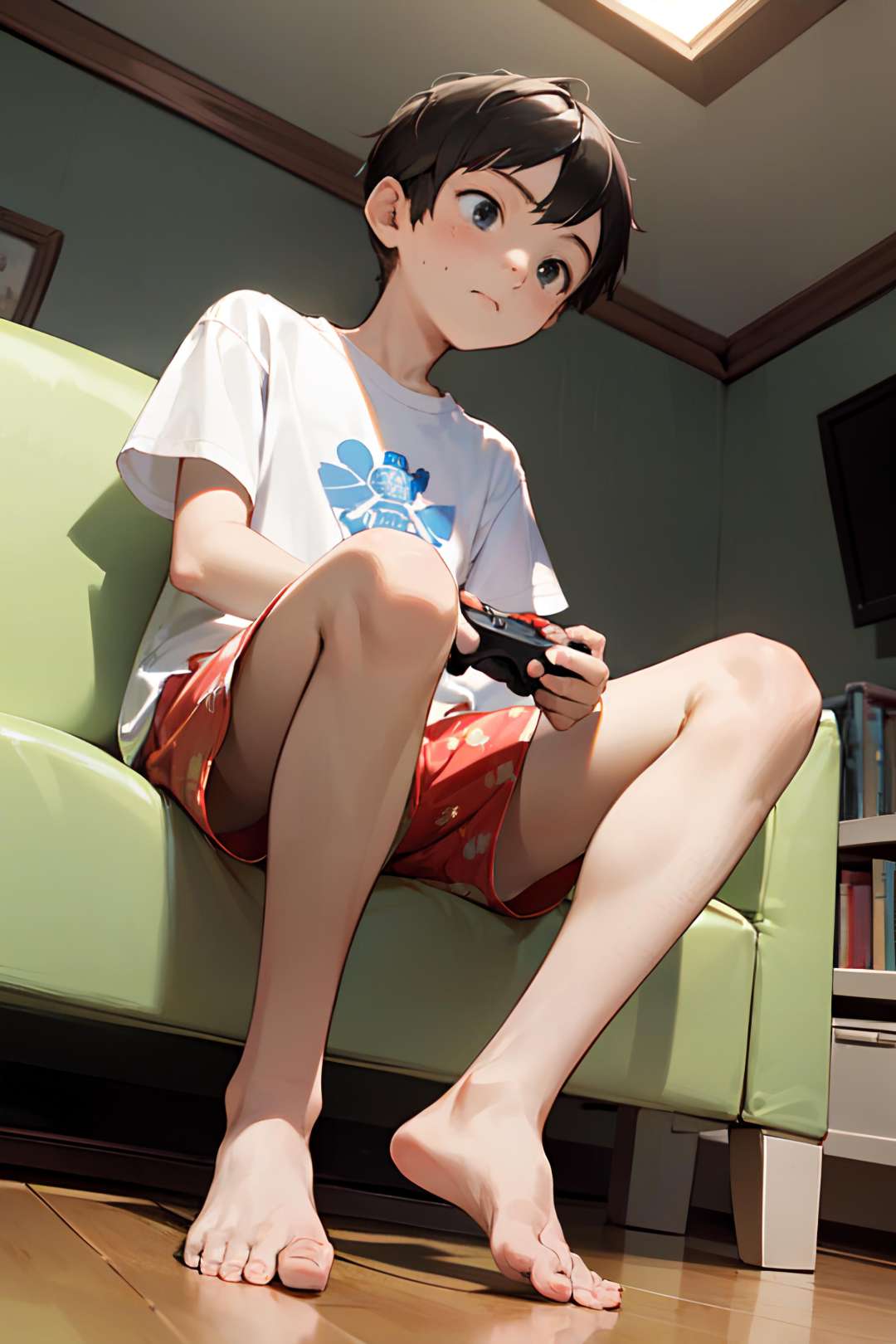 ((masterpiece)), (best-quality), (1boy:1.2), (8-year-old:1.2), wearing T-shirts and patterned Boxer shorts, in the room, close-up, looking away, barefoot, sitting on a sofa, ((from the front below)), (holding a game controller),