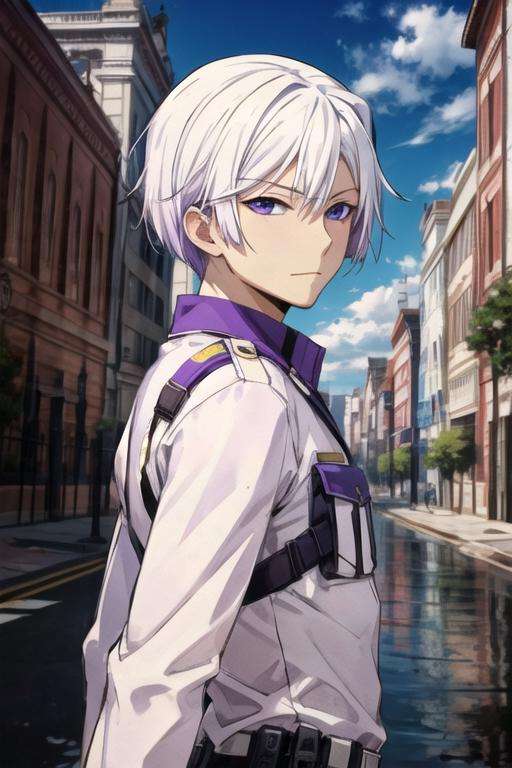 masterpiece, best quality, movie still, 1boy, solo, male focus, looking at viewer, upper body, depth of field, , , <lora:art_hamatora:0.74>, art_hamatora, white hair, purple eyes, cop costume, The Palace of Dreams, Blu-ray