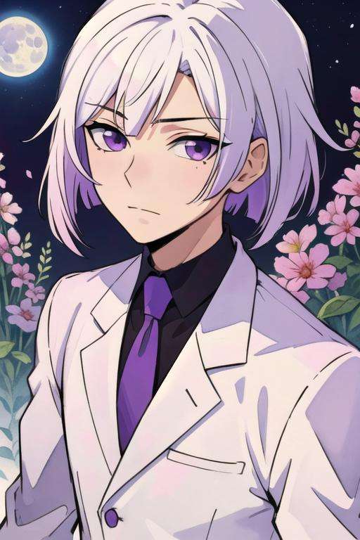 masterpiece, best quality, wallpaper, 1boy, solo, male focus, looking at viewer, upper body, depth of field, (watercolor illustration, soft pastel colors:1.1), , <lora:art_hamatora:0.68>, art_hamatora, white hair, purple eyes, gorilla costume, lunar base,