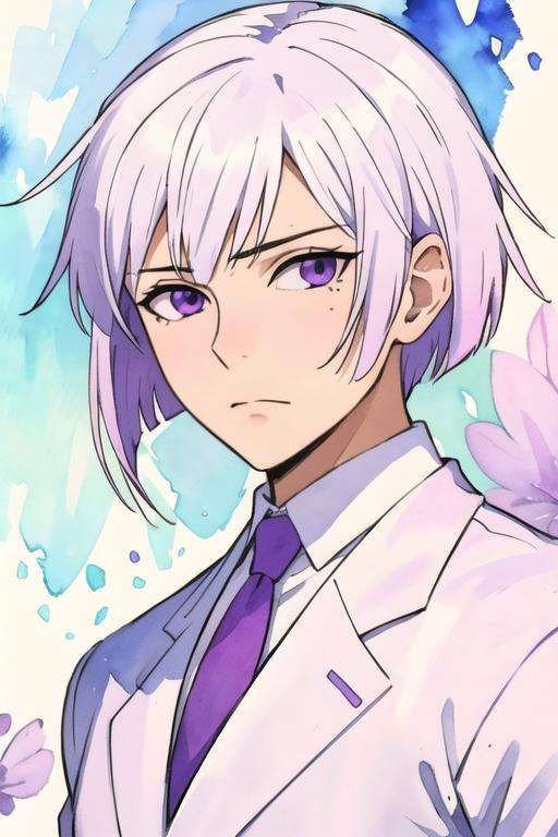 masterpiece, best quality, photorealistic, 1boy, solo, male focus, looking at viewer, upper body, , (watercolor illustration, soft pastel colors:1.1), realistic, <lora:art_hamatora:0.68>, art_hamatora, white hair, purple eyes, teddy bear costume, ancient greece, High definition