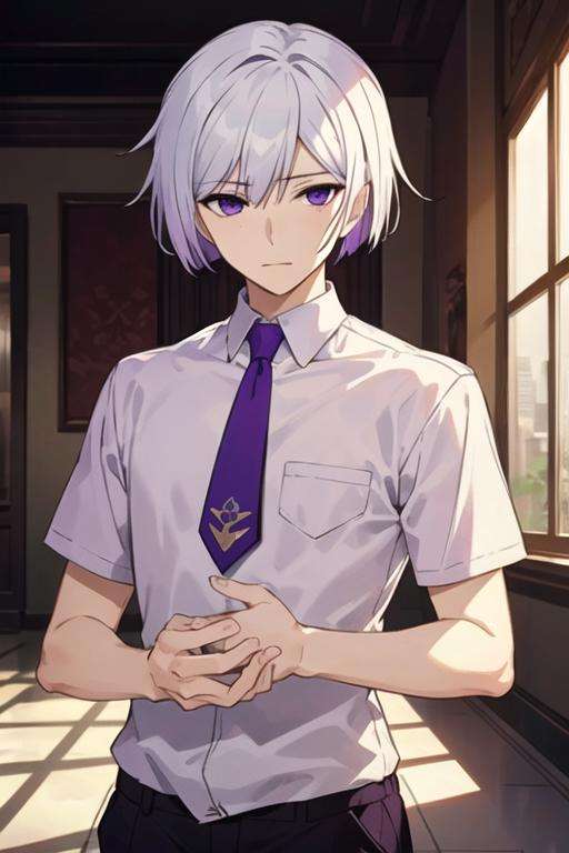 masterpiece, best quality, game cg, 1boy, solo, male focus, looking at viewer, upper body, , , , <lora:art_hamatora:0.70>, art_hamatora, white hair, purple eyes, dress shorts, , islamic golden age, High definition