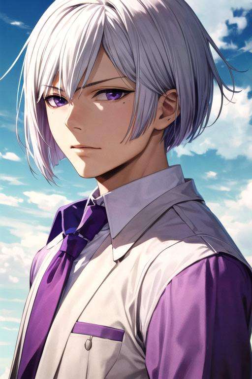 masterpiece, best quality, movie still, 1boy, solo, male focus, looking at viewer, upper body, , anime coloring, realistic, <lora:art_hamatora:0.72>, art_hamatora, white hair, purple eyes, , ,