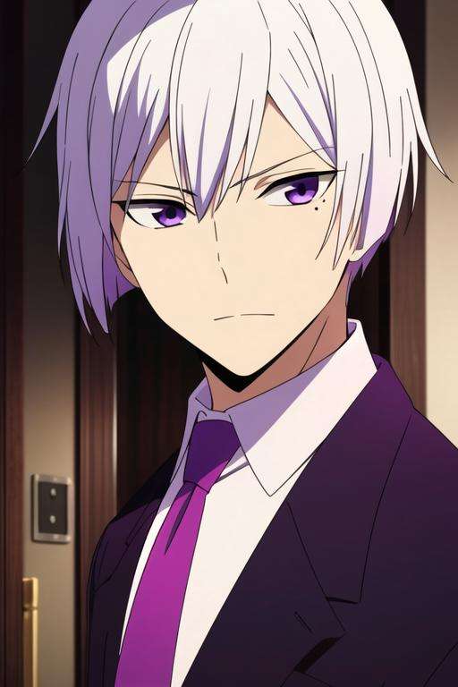 masterpiece, best quality, , 1boy, solo, male focus, looking at viewer, , , anime coloring, , <lora:art_hamatora:0.66>, art_hamatora, white hair, purple eyes