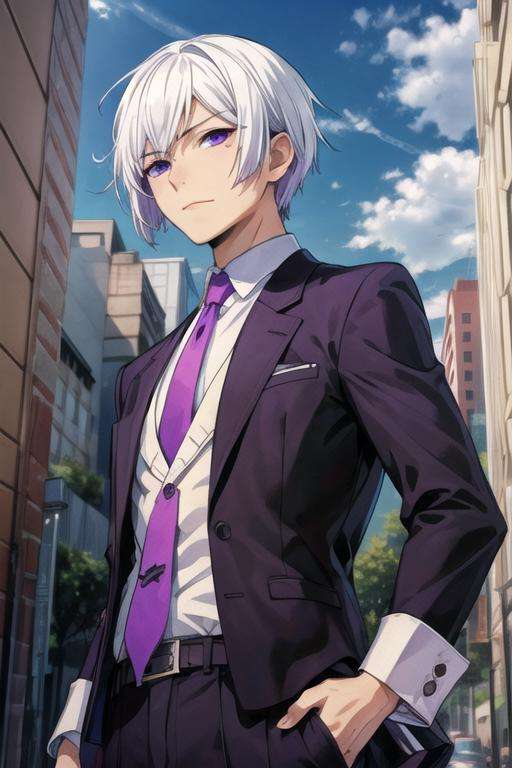 masterpiece, best quality, illustration, 1boy, solo, male focus, looking at viewer, upper body, , , realistic, <lora:art_hamatora:0.68>, art_hamatora, white hair, purple eyes, dwarf costume, ,