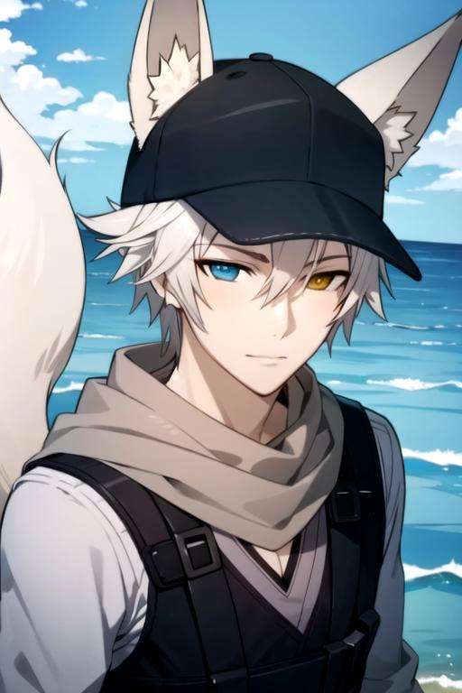 masterpiece, best quality, , 1boy, solo, male focus, looking at viewer, upper body, depth of field, anime coloring, realistic, <lora:soushi_miketsukami:0.72>, soushi_miketsukami, grey hair, yellow eyes, heterochromia, blue eyes, animal ears, fox ears, fox boy, fox tail, scarf, baseball cap, Atlantis: A lost city of great wisdom and power, now drowned beneath the sea, 4k resolution