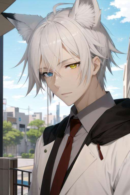 masterpiece, best quality, wallpaper, 1boy, solo, male focus, looking at viewer, upper body, depth of field, anime coloring, , <lora:soushi_miketsukami:0.70>, soushi_miketsukami, grey hair, yellow eyes, heterochromia, blue eyes, animal ears, fox ears, fox boy, fox tail, , science fiction speculative fiction,