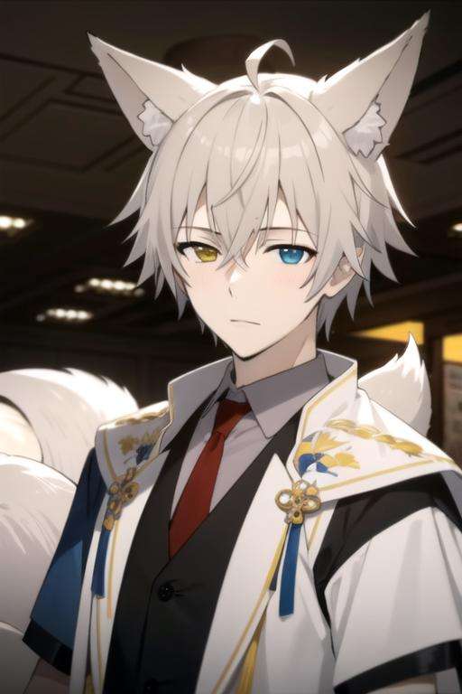 masterpiece, best quality, movie still, 1boy, solo, male focus, looking at viewer, upper body, depth of field, , , <lora:soushi_miketsukami:0.72>, soushi_miketsukami, grey hair, yellow eyes, heterochromia, blue eyes, animal ears, fox ears, fox boy, fox tail, carnival costume, ancient greece,