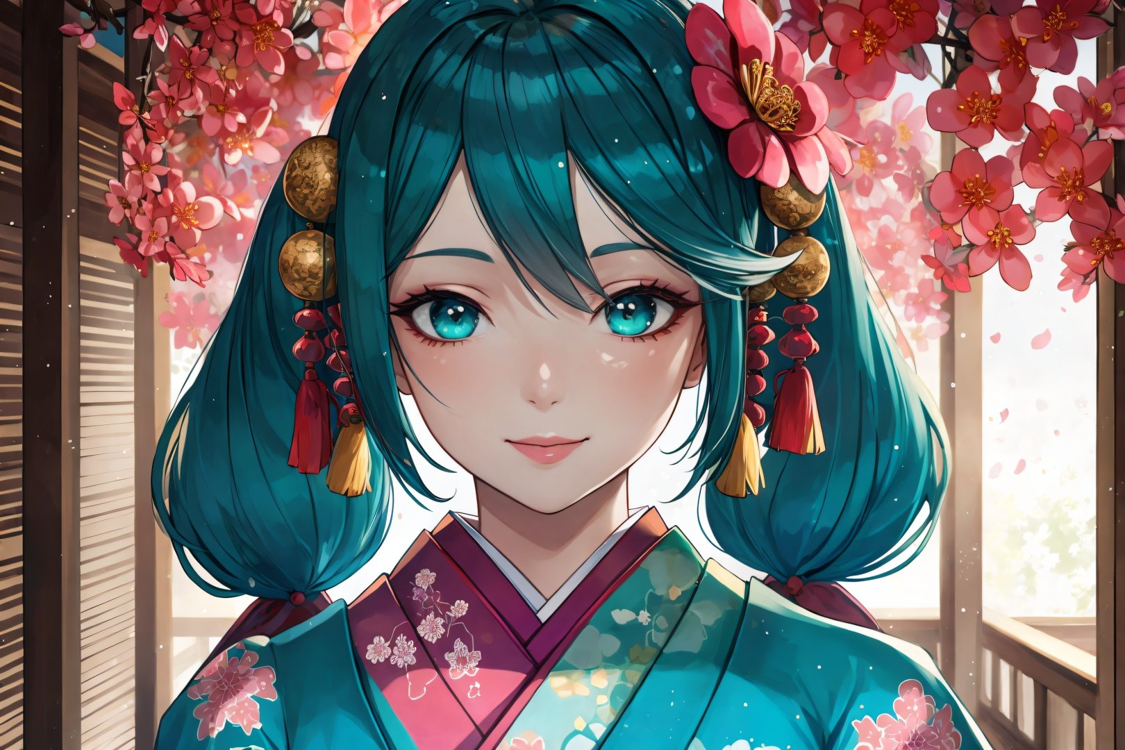 (Masterpiece, Best Quality:1.3), highres, (8k resolution wallpaper), official art, (ultra-detailed portrait), oiran, volumetric lighting, upper body, full body:1.2, beautiful, 1girl, solo, looking at viewer, (detailed face, detailed eyes:1.2), smile, makeup, lipstick, beautiful, dynamic posture, shiny, colorful,  (gradient hair, low twintails:1.1), teal and pink theme, japanese clothes, kimono, floral print, (Details:1.2), focus face, flower, stylish, breasts floral print,soft glow:0.2, intricate, architecture, extremely detailed background, fuji 85mm, (depth of field), shadow, light particles