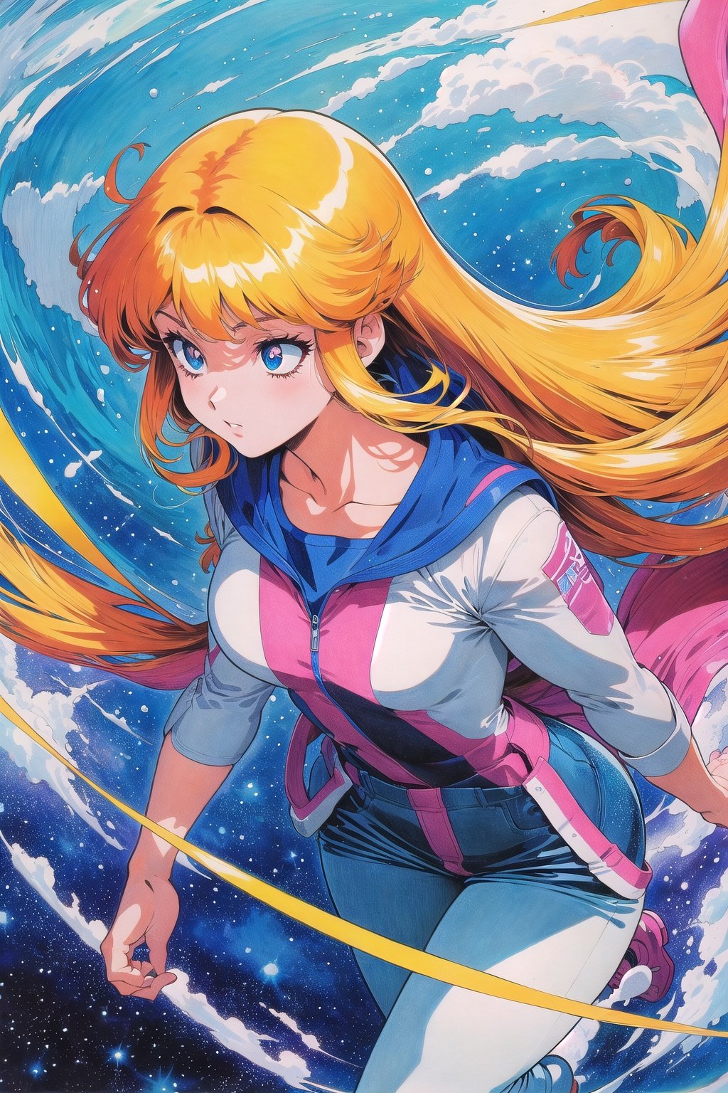 (Masterpiece,  Best Quality),  highres,  (8k resolution),  retro artstyle,  1980s \(style\),  illustration,  official art,  (Traditional Media:1.2),  ((2d)),  Manga,  (Ultra-detailed),  1girl,  solo,  beautiful,  floating hair,  perfect female figure,  space,  depth of field, <lora:EMS-36517-EMS:0.000000>