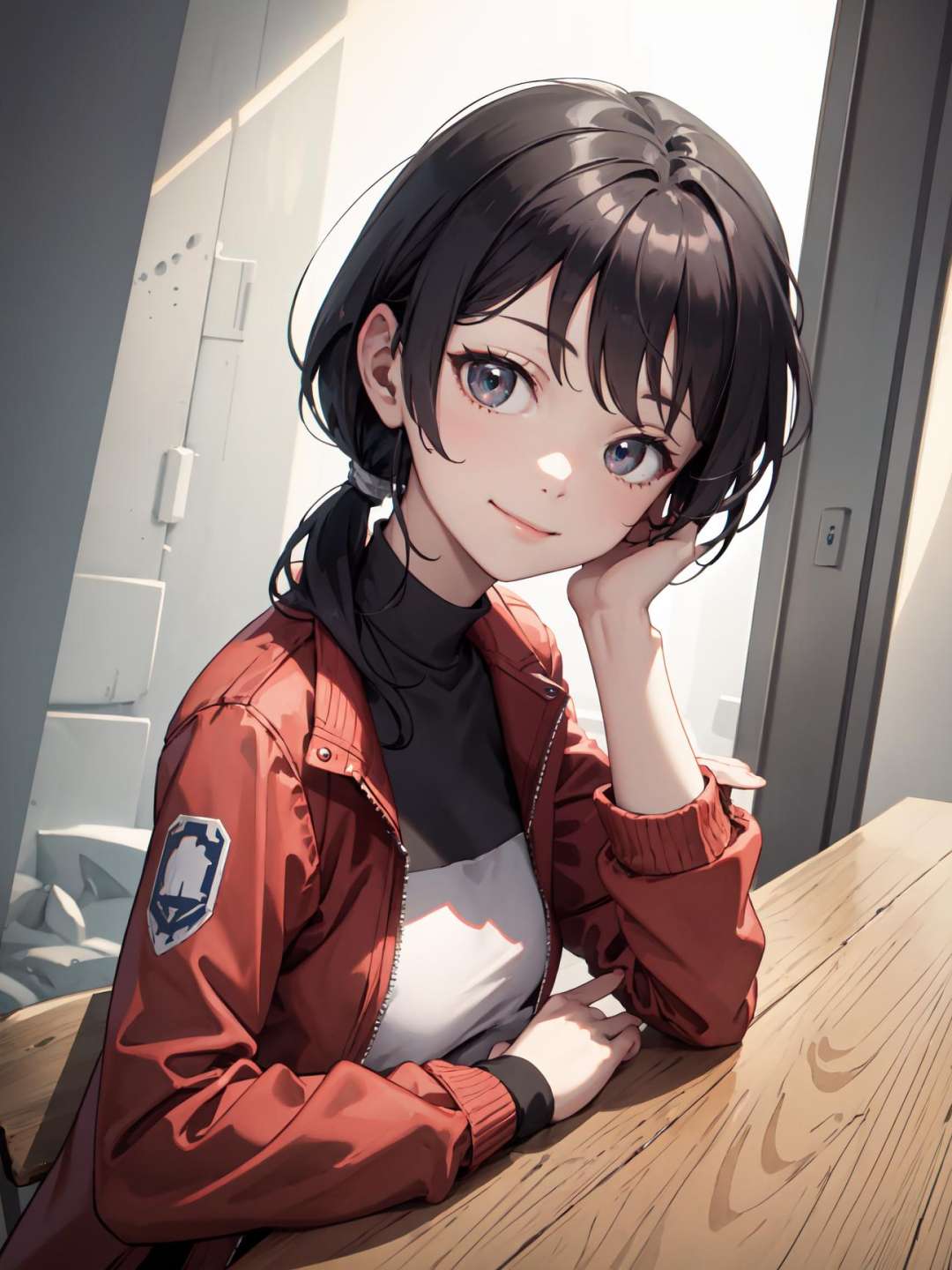 8k, masterpiece, highly detailed, 1girl, (low ponytail), <lora:low_ponytail-1.0:1>, leaning on table, head tilt, slight smile, jacket, dutch angle