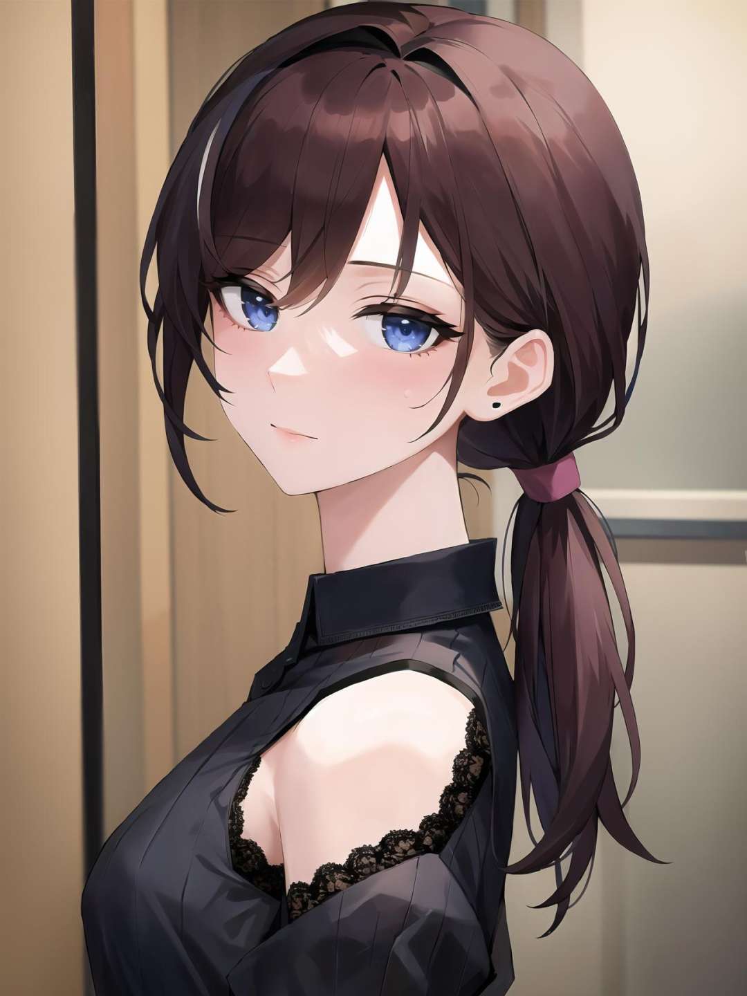 8k, masterpiece, highly detailed, 1girl, (low ponytail), <lora:low_ponytail-1.0:0.8>, shirt