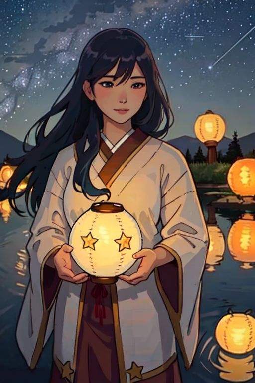 masterpiece, best quality, extremely detailed, detailed background, detailed face,woman, sky, lantern festival  night, solo, reflection, water, outdoors, scenery, star (sky), night sky, long hair, starry sky