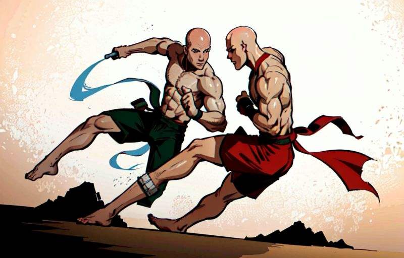 2 men, 2 males, (full body, wide angle shot:1.3) fighting, shaolin monk, (bald, no hair:1.2) fight against ninja, kungfu, special effects, wind effects,,, (masterpiece, best quality, beautiful and aesthetic:1.2), (ultra detailed, extremely delicate:1.3), (facing camera:1.2), rich vivid detailed background