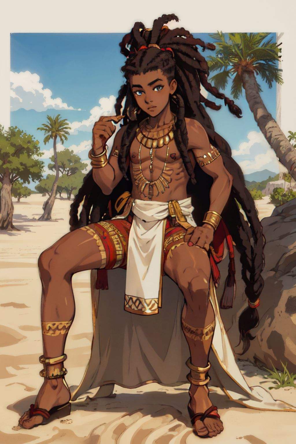 Portrait of Plain African Male preteen with Very Dark dreadlocks and Light eyes, Tanlines, austrian, full body, sand dune, tribal afrrica elder dress,