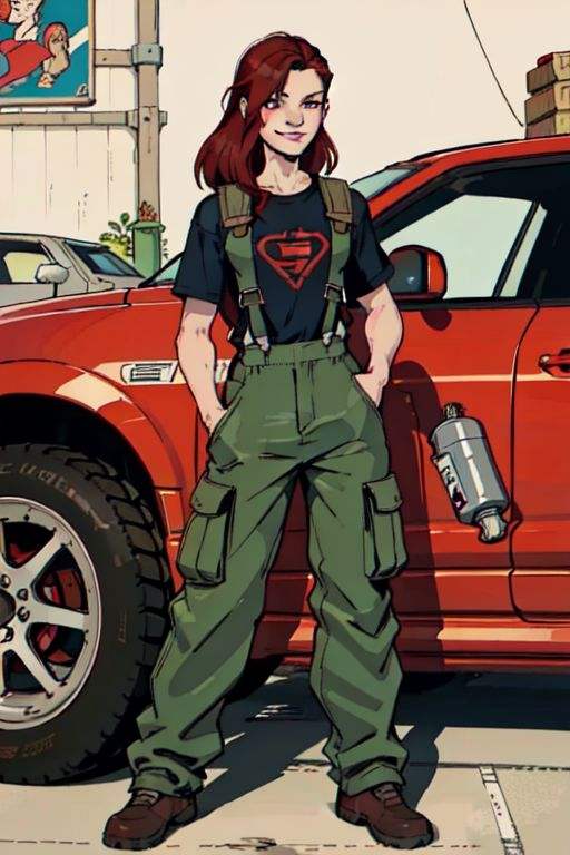 (detailed), beautiful woman, dark red hair, pale skin, wearing loose [black:dark blue:0.5] baggy racing cargo pants full [jumpsuit|overalls], (baggy loose untucked tshirt), branded graphics clothes, racing neck brace, oily sweaty grimy skin, smirk, lips parted, detailed wet hair, (racing harness), dirty, car mechanic, garage, ((high detailed skin, skin details)), detailed cloth folds, detailed cluttered busy small run down garage background, indoors, hand in pocket, 8k uhd, dslr, high quality, film grain, (intricate linework:1) outlines, professional comic book style, flat colors, (flat shaded:1), (masterpiece, best quality, beautiful and aesthetic:1.2), (ultra-detailed, extremely delicate and beautiful:1.3)