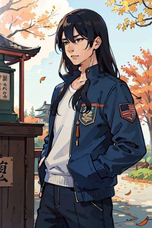 (best quality), (masterpiece), izumi_tachibana, long hair, blue jacket, white shirt, shrine, fall, leaves, hands in pockets, <lora:izumi_tachibanav2:1>