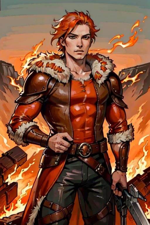(photorealistic:1.5) perfect photo of one young man that lived with demons , and now leads the people to join them. summer time, action poses, (intricately detailed clothing), (leather and fur and animal skin clothing:1.4), (flame orange-red hair:1.5) , epic, beasts, wizards, warriors, ancient time fantasy world setting, realism, cinematic lighting, greg rutkowski, wlop, swords, axes, hammers, spears, ruined cities, burned fields, spells, flame, ice, wind walking towards camera, (masterpiece, best quality, beautiful and aesthetic:1.2), (ultra-detailed, extremely delicate and beautiful:1.3)