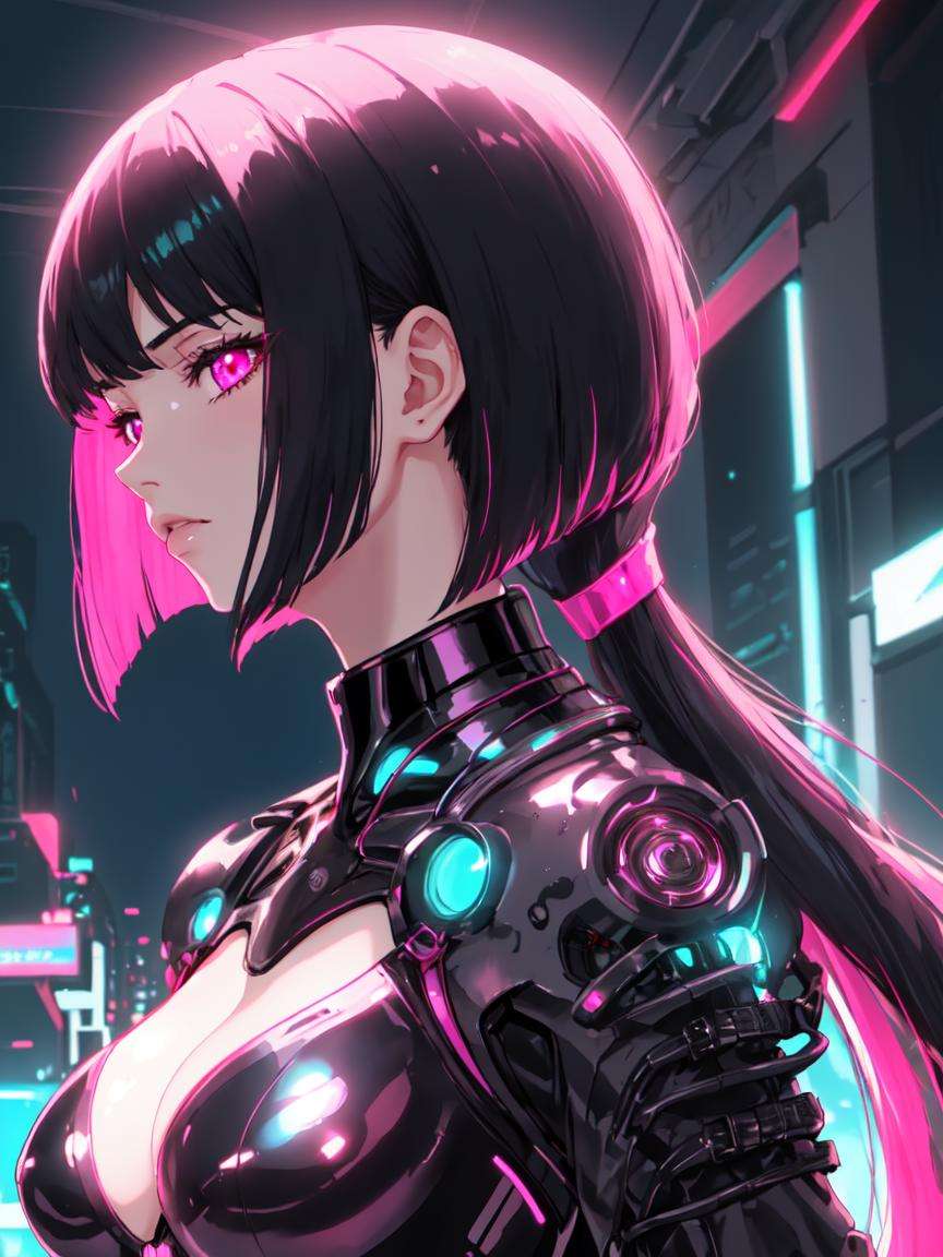 neonpunk style solo, beautiful 1girl, (longtail bob), long hair, shiny skinsuit, well toned, gorgeous body, 3/4 angle, <lora:longtail_bob-1.0:0.6> . cyberpunk, vaporwave, neon, vibes, vibrant, stunningly beautiful, crisp, detailed, sleek, ultramodern, magenta highlights, dark purple shadows, high contrast, cinematic, ultra detailed, intricate, professional