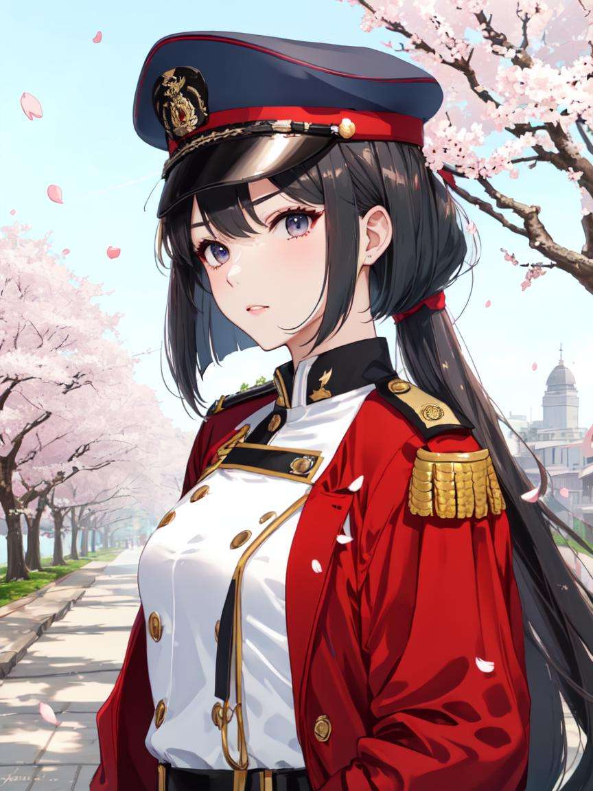 solo, beautiful woman, military uniform, stern look, longtail bob, cherry blossoms,  <lora:longtail_bob-1.0r16:0.8>