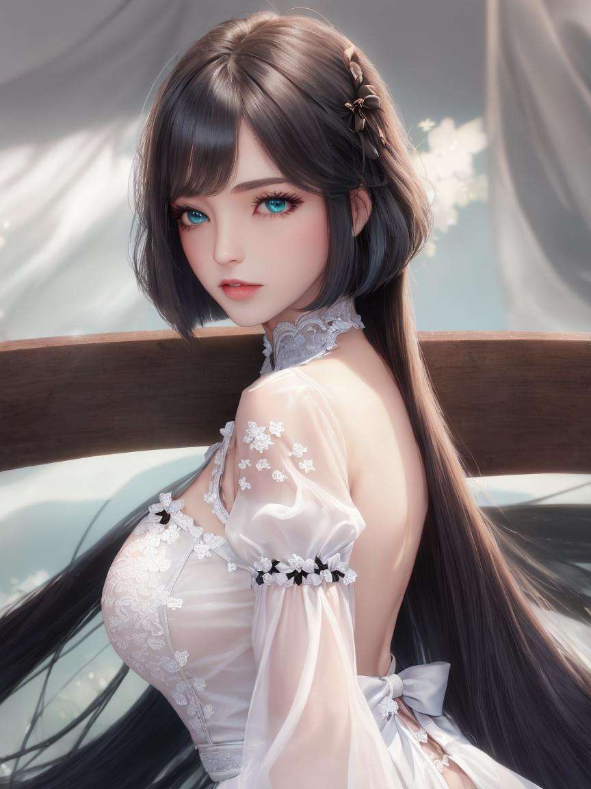 cinematic film still solo, beautiful woman, ((longtail bob)), long hair, <lora:longtail_bob-1.0:0.8> absurdres, bangs, black gloves, black hair, blue eyes, blush, boots, bow, breasts, detached sleeves, vivid, green eyes