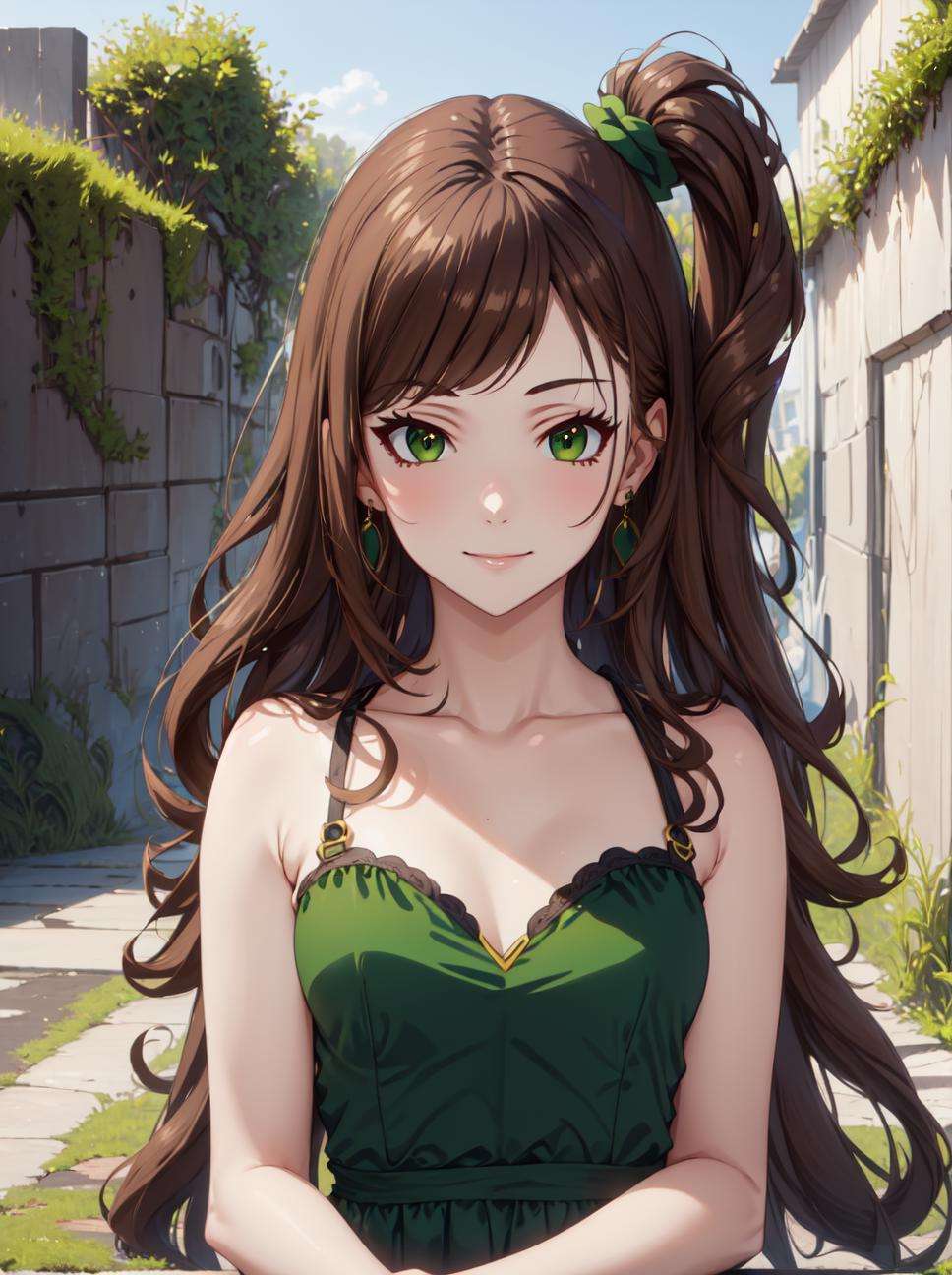 breathtaking, 8k, masterpiece, highly detailed, solo, beautiful 1girl, side up, (su hair), long hair, brown hair, (green eyes), slight smile, (long eyelashes), (green dress), earrings, idolmaster, laneway,  coy look, upper body, <lora:side_up-1.0:0.8>