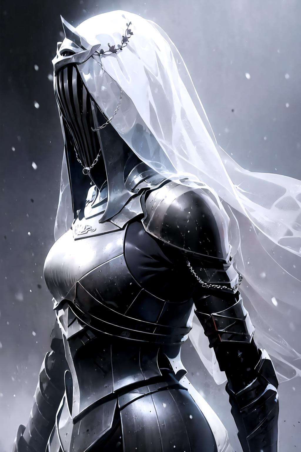 1girl, knight, helm, large breasts, blue veil, upper body, hair ornament,  <lora:Dancer_of_the_Boreal_Valley:0.8>, snow,