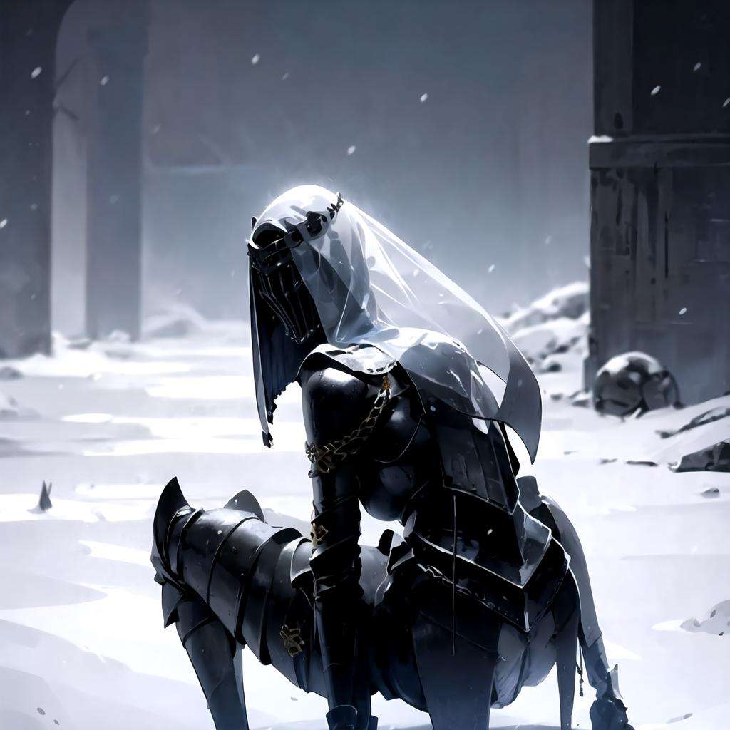 1girl, knight, from behind, all fours, helm, large breasts, squatting, blue veil, upper body, hair ornament,  <lora:Dancer_of_the_Boreal_Valley:0.8>, snow,