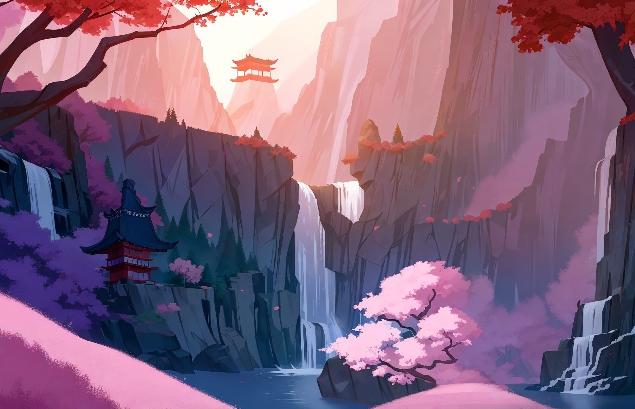 (Masterpiece), IN THE STYLE OF samurai jack, highres, digital painting, landscape, east asian architecture, f/11, depth of field, colorful, scenery, nature, flowers, waterfall, valley, gorgeous view, stunning, beech, bloom, [light particles], Lavish, <lora:samuriJackS05Landscape_v1:0.9>