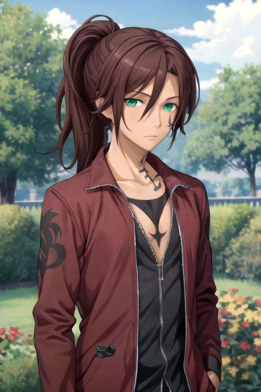 masterpiece, best quality, game cg, 1boy, solo, male focus, looking at viewer, , , , realistic, <lora:renshou_sorinozuka:0.66>, renshou_sorinozuka, brown hair, green eyes, ponytail, tattoo, scarecrow costume, The Kingdom of the Unicorn,