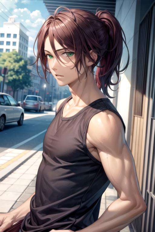 masterpiece, best quality, game cg, 1boy, solo, male focus, looking at viewer, , depth of field, , realistic, <lora:renshou_sorinozuka:0.66>, renshou_sorinozuka, brown hair, green eyes, ponytail, , sleeveless shirt, scally cap, ,